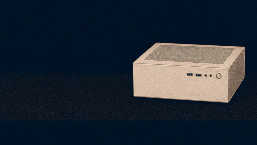 A compact mini-PC server on a dark desk, drawn in a cream-on-navy duotone style.