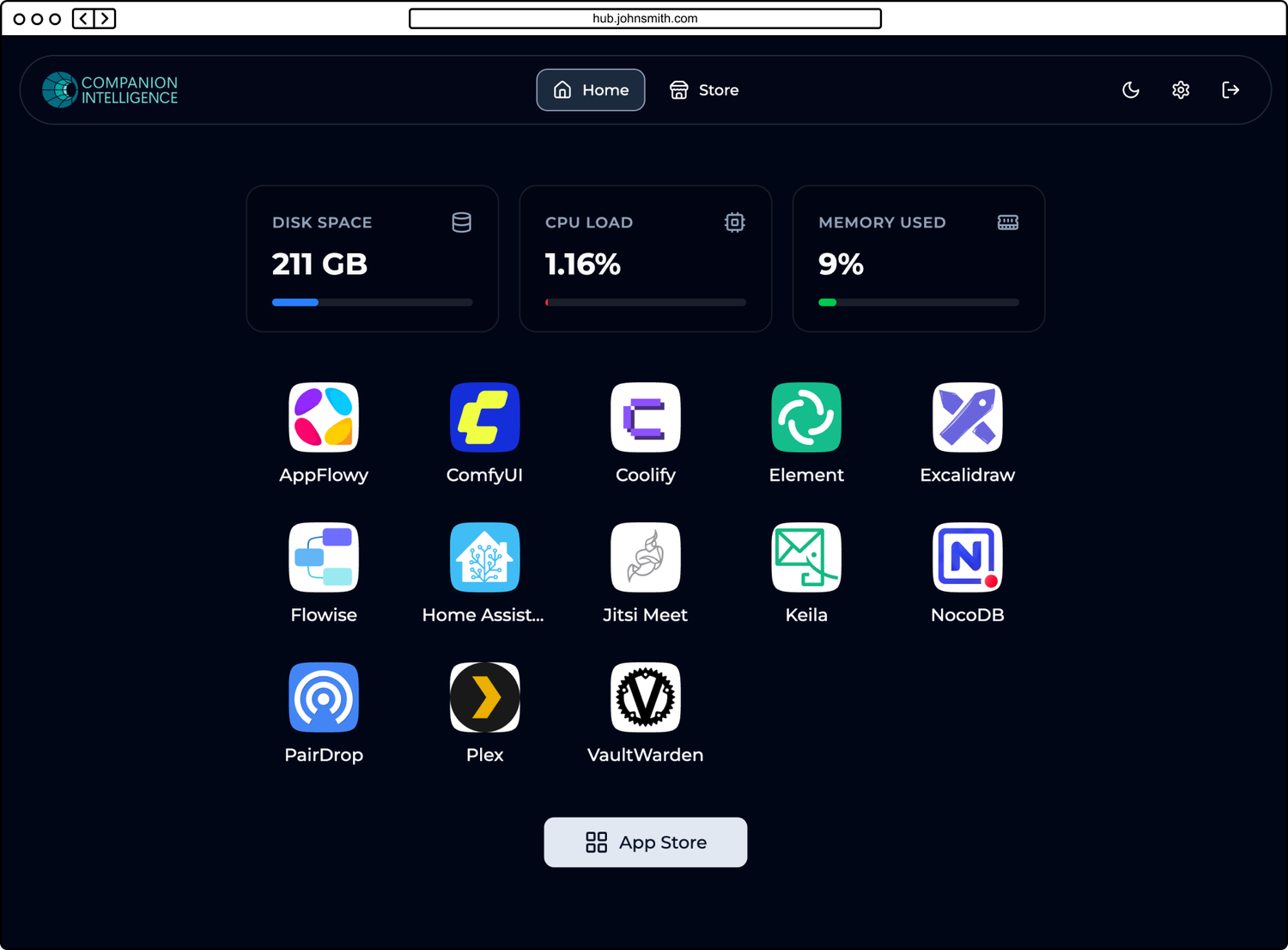 Companion Hub dashboard showing node status and installed apps for the Companion stack.