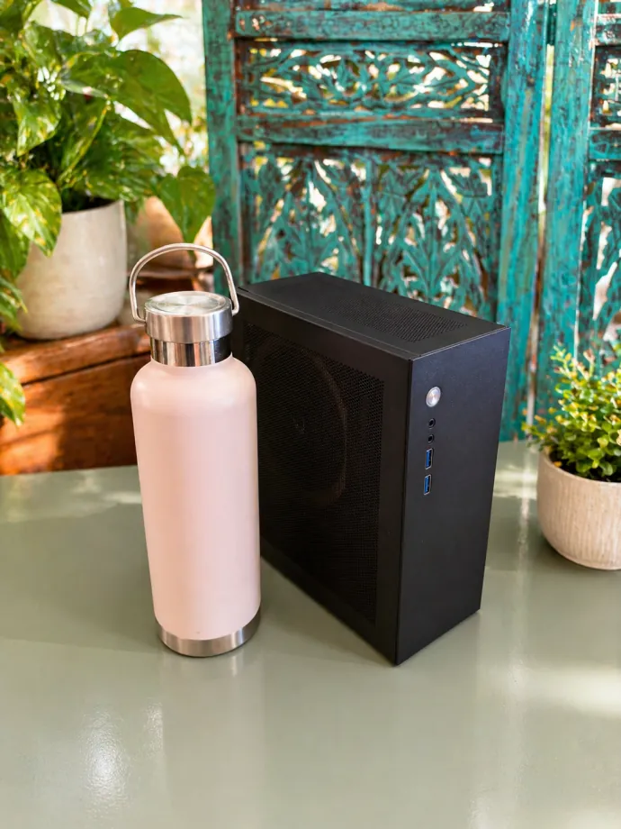 A black Companion computer standing next to a pale pink water bottle on a green tabletop, with houseplants and a carved teal wooden screen behind