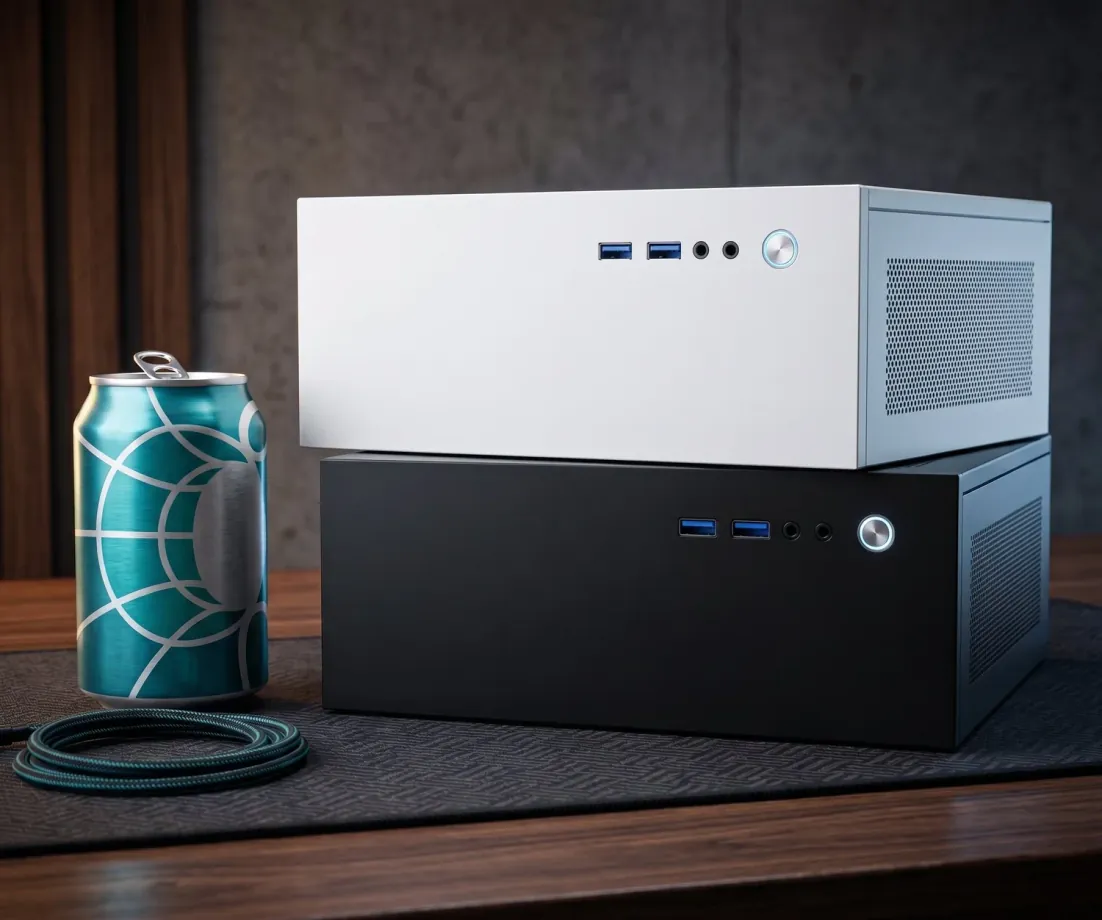 A white Companion computer stacked on a black one on a dark tabletop, beside a teal patterned drink can and a coiled teal cable