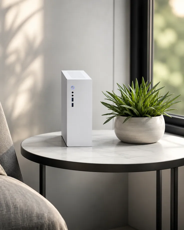 A white Companion computer on a round marble side table by a window, next to a potted green plant