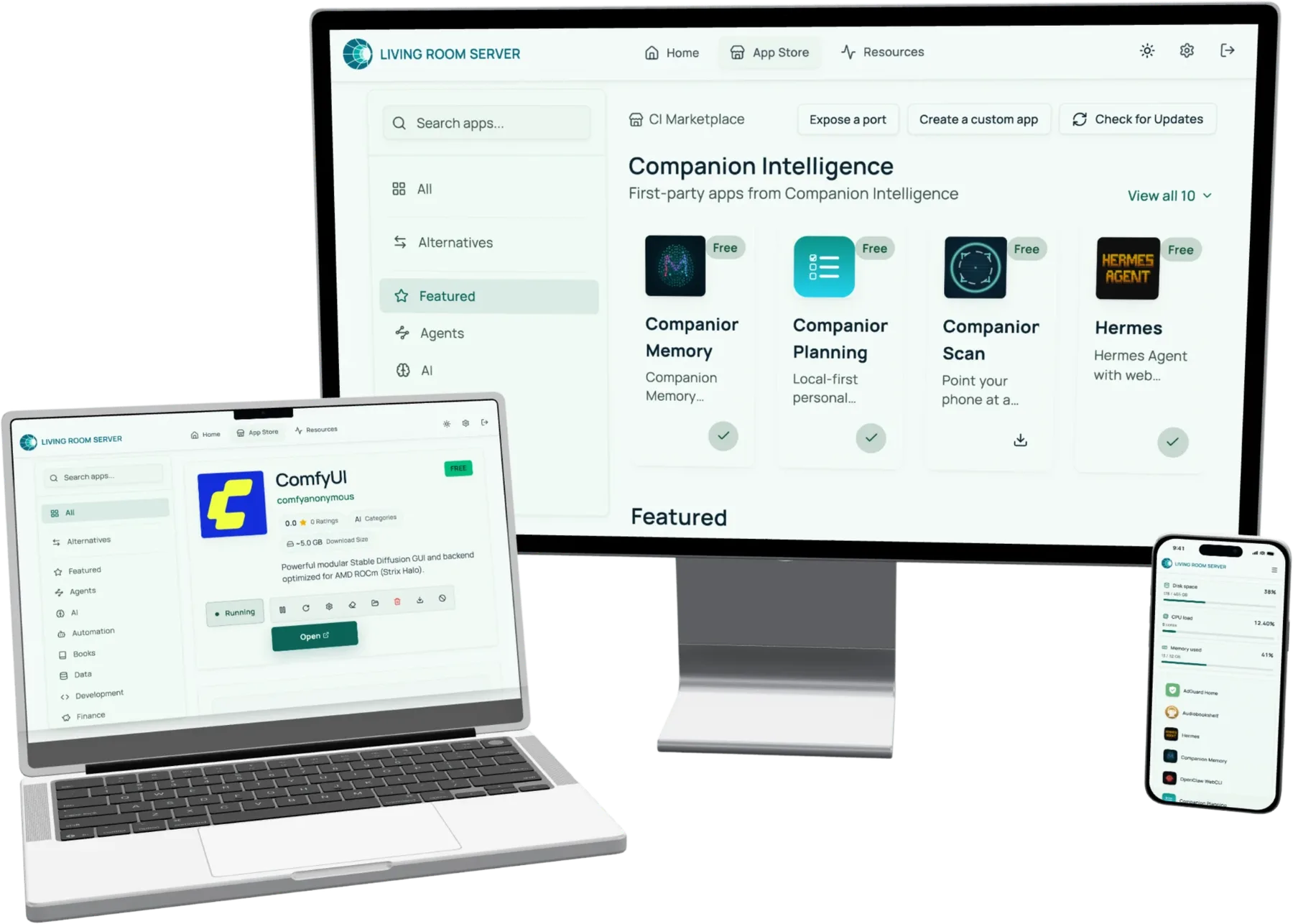 Companion Hub on a desktop display, a laptop and a phone: the marketplace of first-party apps, ComfyUI running, and the phone's resource view