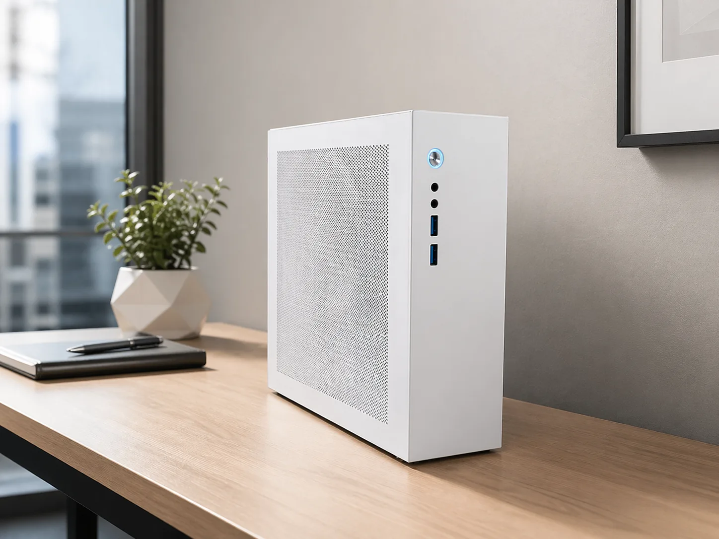 Companion Core 128 in white on a desk next to a plant and a notebook, with a city view behind
