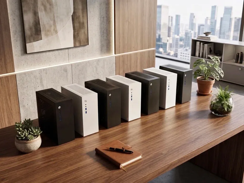 A lineup of Companion Core 128 units on a desk with plants, a notebook, and a city view