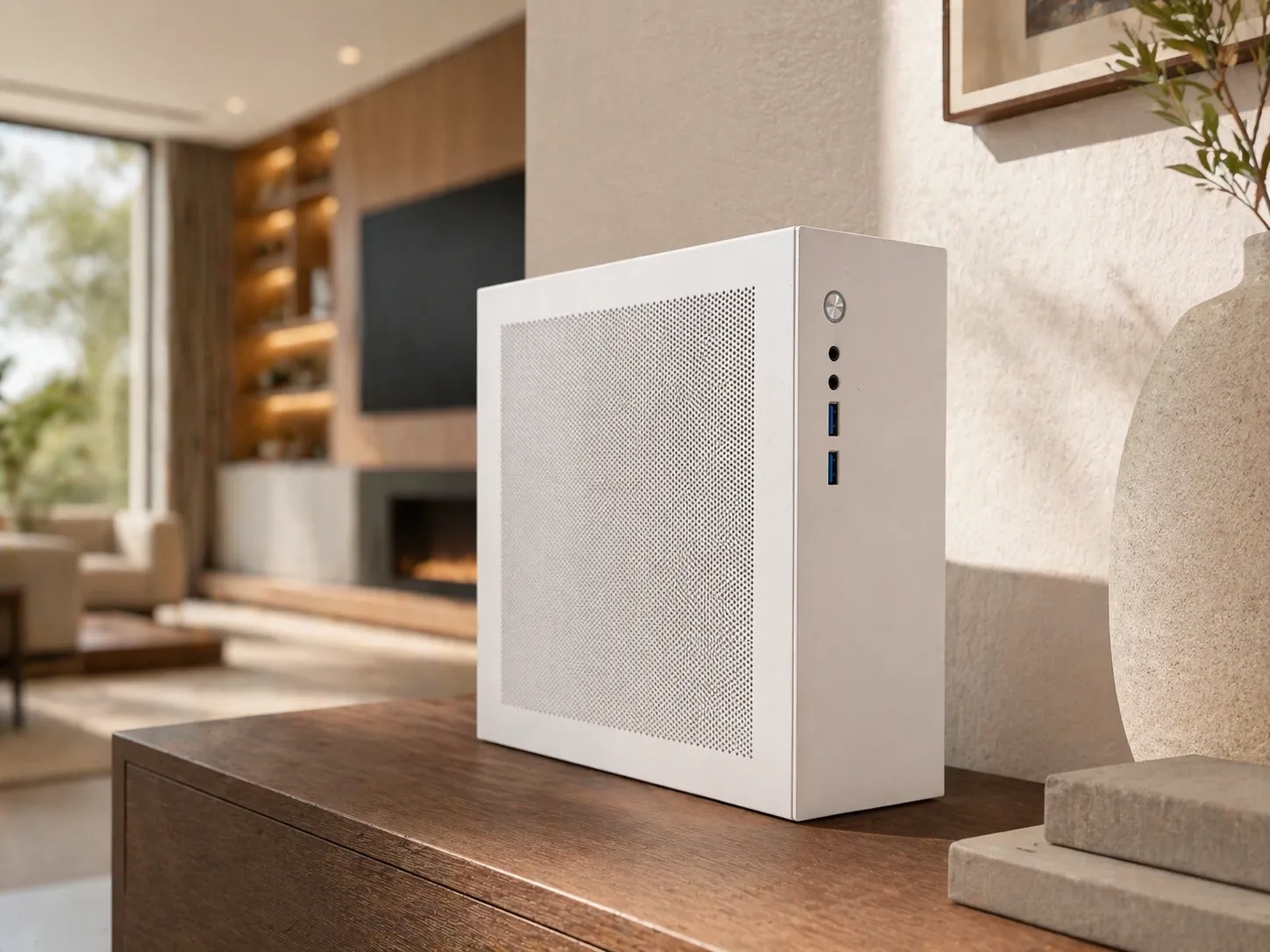 Companion Core 128 on a console table in a living room, near a fireplace and TV
