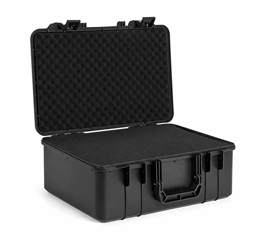 Black waterproof hard shell protective case shown open.